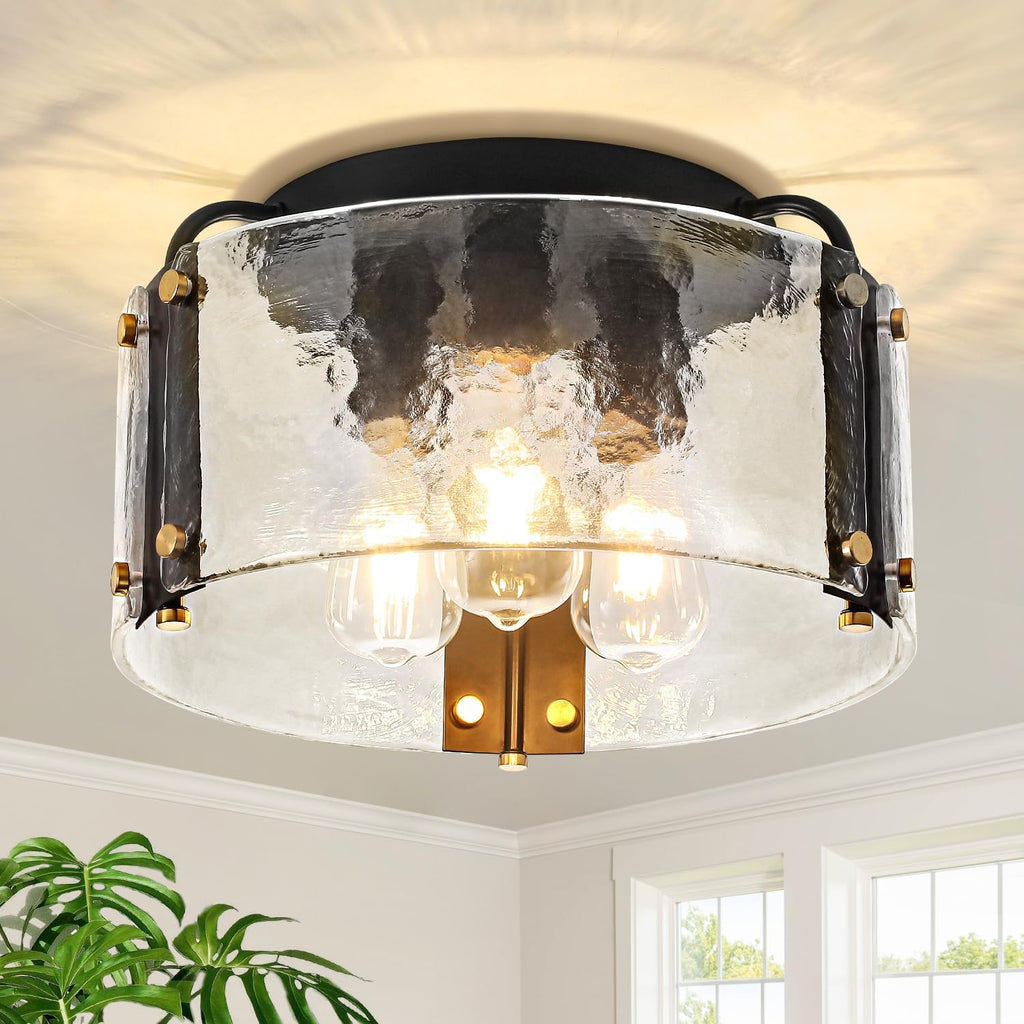 Lámpara de techo semiempotrada TOULMJ de 15'' negra, luminaria moderna de 3 luces para entrada, luminarias de vidrio martillado para cocina, lámparas de techo para pasillo, baño, dormitorio, vestíbulo, lavandería, comedor