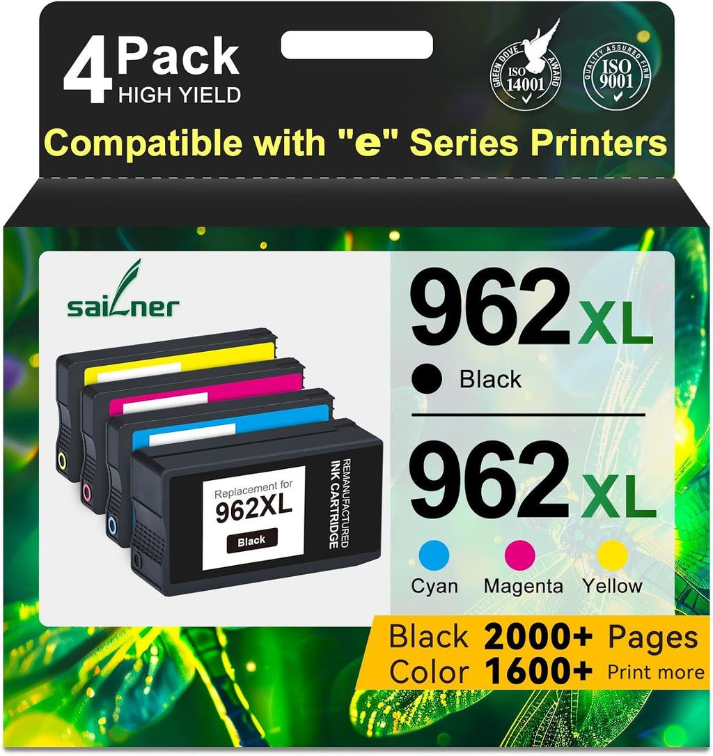 Cartuchos de tinta 962XL para HP. Paquete combinado de cartuchos de tinta 962XL compatible con las impresoras HP Officejet Pro 9015e, 9010, 9025e, 9015, 9025, 9018e, 9025e y 9020 (paquete de 4).