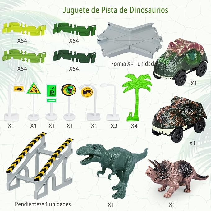 Juguetes de dinosaurio, crea una carrera de carretera mundial de dinosaurios, juego de pista flexible y 2 piezas de autos de dinosaurio geniales para niños de 3, 4, 5, 6 años y más, el mejor regalo