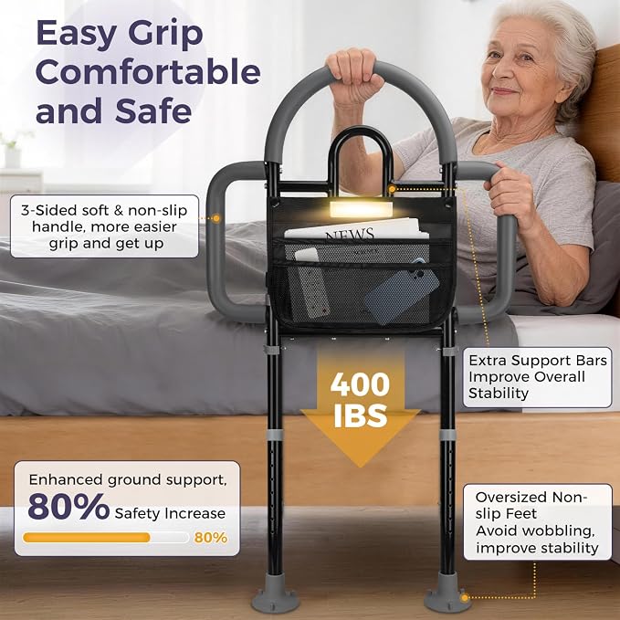 Rieles de cama para adultos mayores de seguridad con luz LED, riel de ayuda para cama de 400 libras, riel de noche aprobado por ASTM para personas mayores, altura ajustable compatible