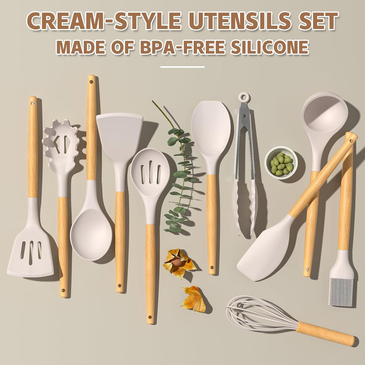 Juego de utensilios de cocina Umite de cocina, 24 piezas antiadherentes de silicona utensilios de cocina juego de espátula con soporte, mango de madera de silicona resistente al calor utensilios de cocina Set