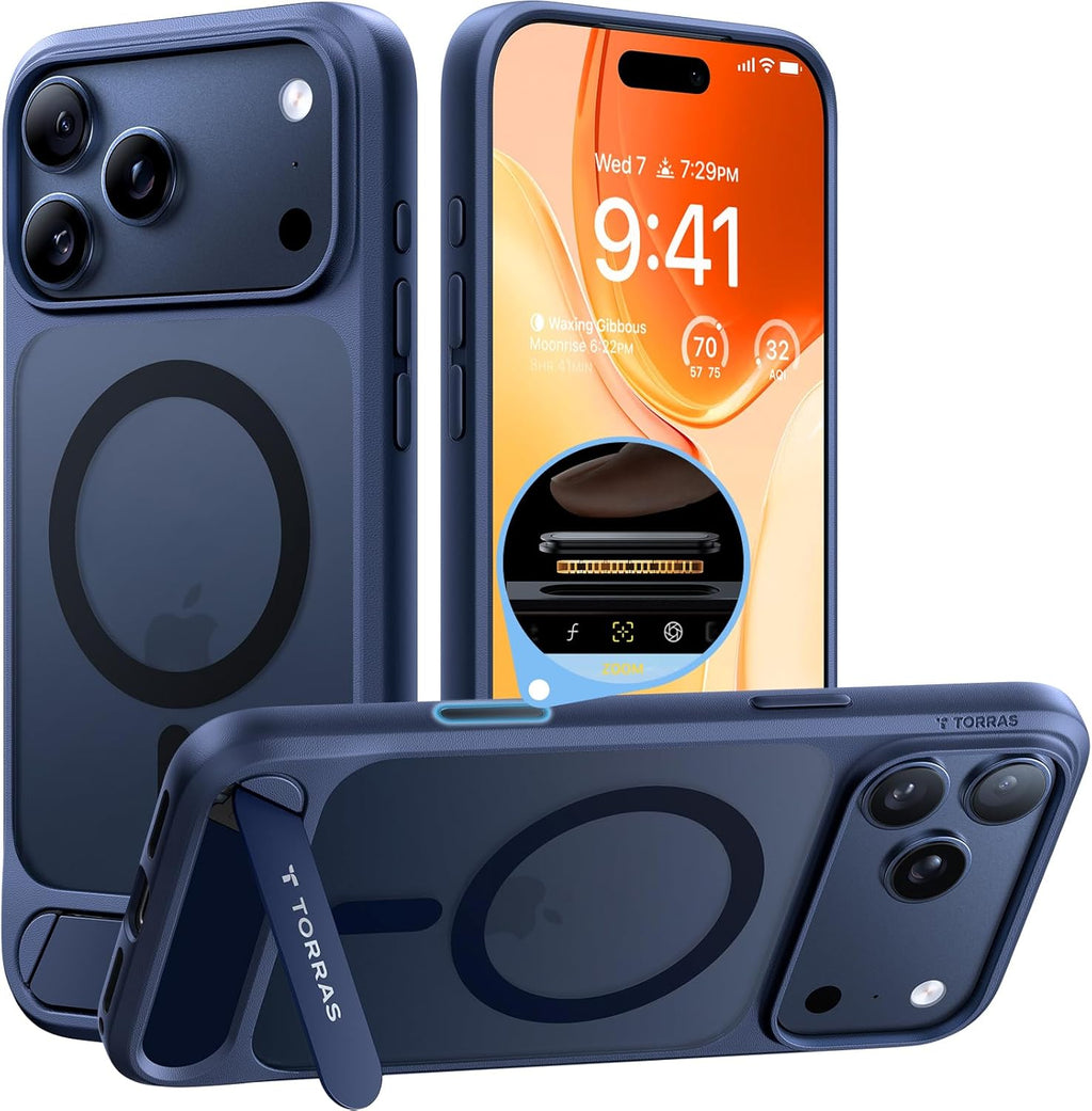 TORRAS Soporte Magnético Fuerte iPhone 17 Pro Max, Ajuste MagSafe, Protección Caída Grado Militar, Soporte Patada Ajustable, Botón Control Cámara Azul Profundo