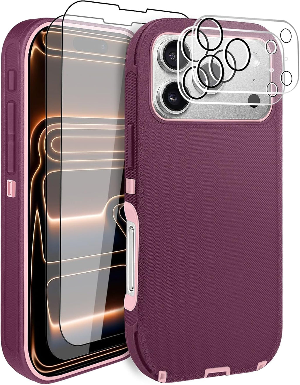 Funda COLDNICE para iPhone 17 Pro 16.3 cm con 2 Protectores Pantalla y 2 Protectores Lente Cámara, Protección Total Grado Militar Anticaídas (Rojo Vino+Rosa)