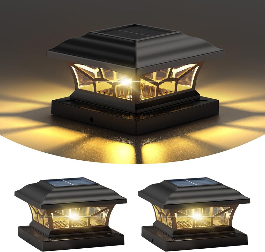 USADO-DAMAYCA Set de 2 Luces Solares para Poste con Modos Cálido y Frío | Impermeables para Exterior | Compatibles con Postes 4x4, 5x5 y 6x6 | Negro Clásico