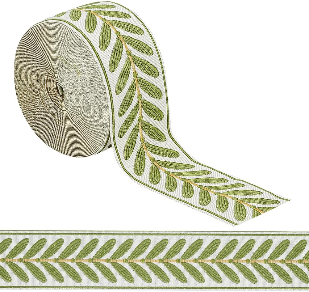 2 UNIDADES-OLYCRAFT Cinta de jacquard de 10.9 yardas, 2.4 pulgadas, con estampado de hojas, de poliéster, blanca y verde. Ribete de bordado tejido jacquard para manualidades de costura, bolsos, cinturones y ropa.