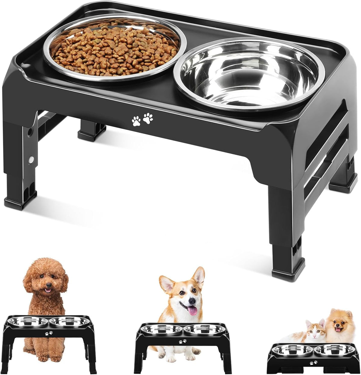 Comedero Elevado para Perros COMESOON – Soporte Ajustable 3 Alturas, 2 Tazones Acero Inoxidable 6", Antideslizante, Negro