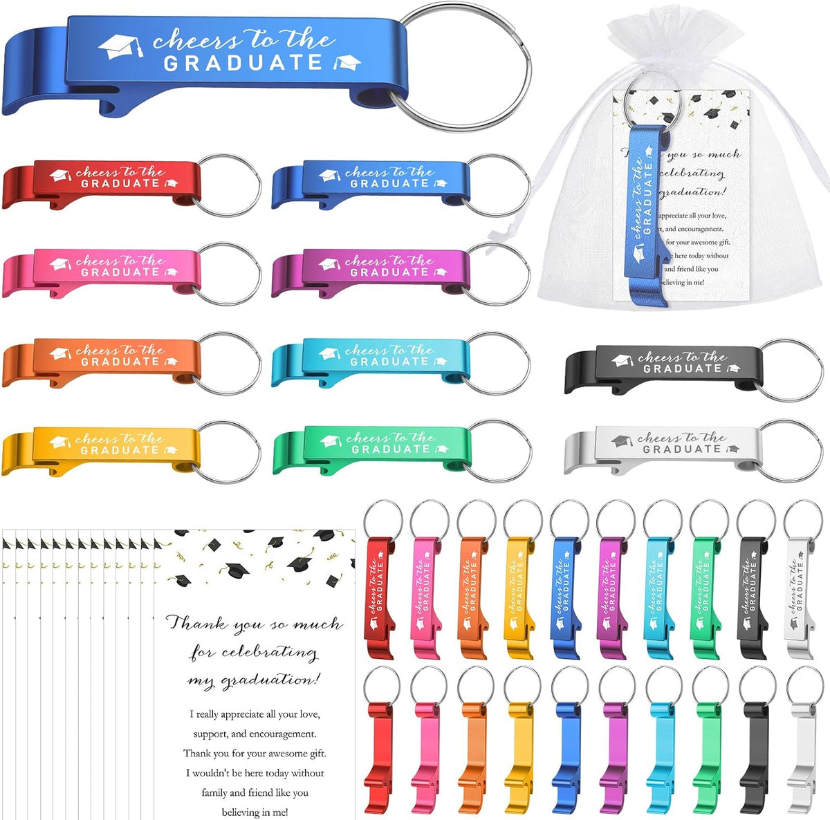 Set Maxcheck de 100 artículos para graduación con llaveros, abridores y bolsas
