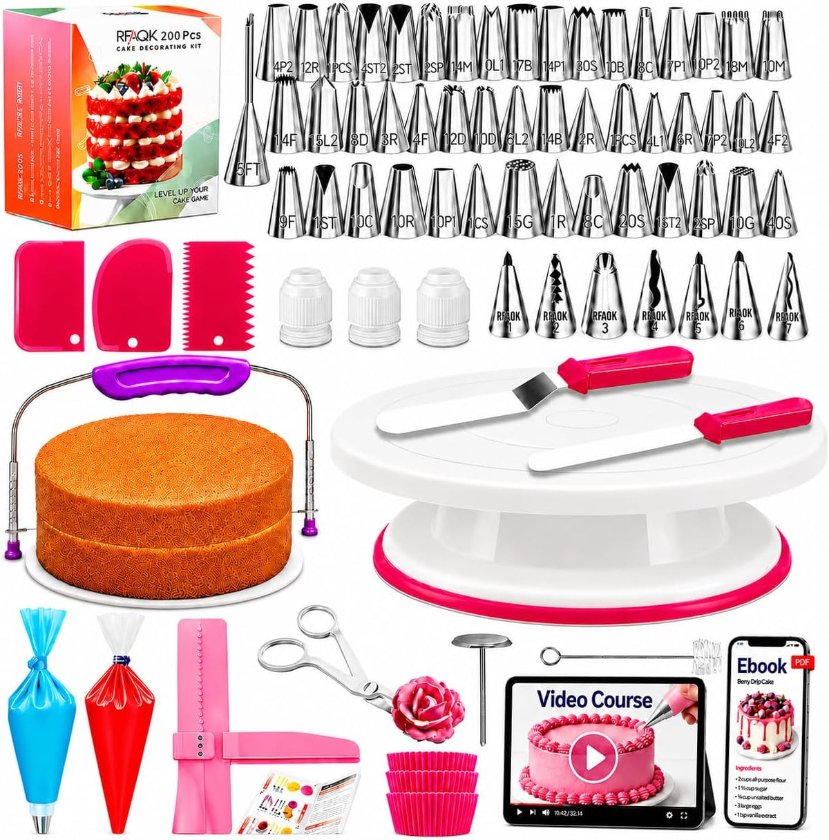 RFAQK Kit de 200 Piezas para Decorar Pasteles con Plato Giratorio y Nivelador, Incluye 110+1 Bolsas de Decoración, 55 Boquillas de Glaseado, 2 Espátulas de Frosting, Raspador Ajustable, Curso de Video Completo y Más
