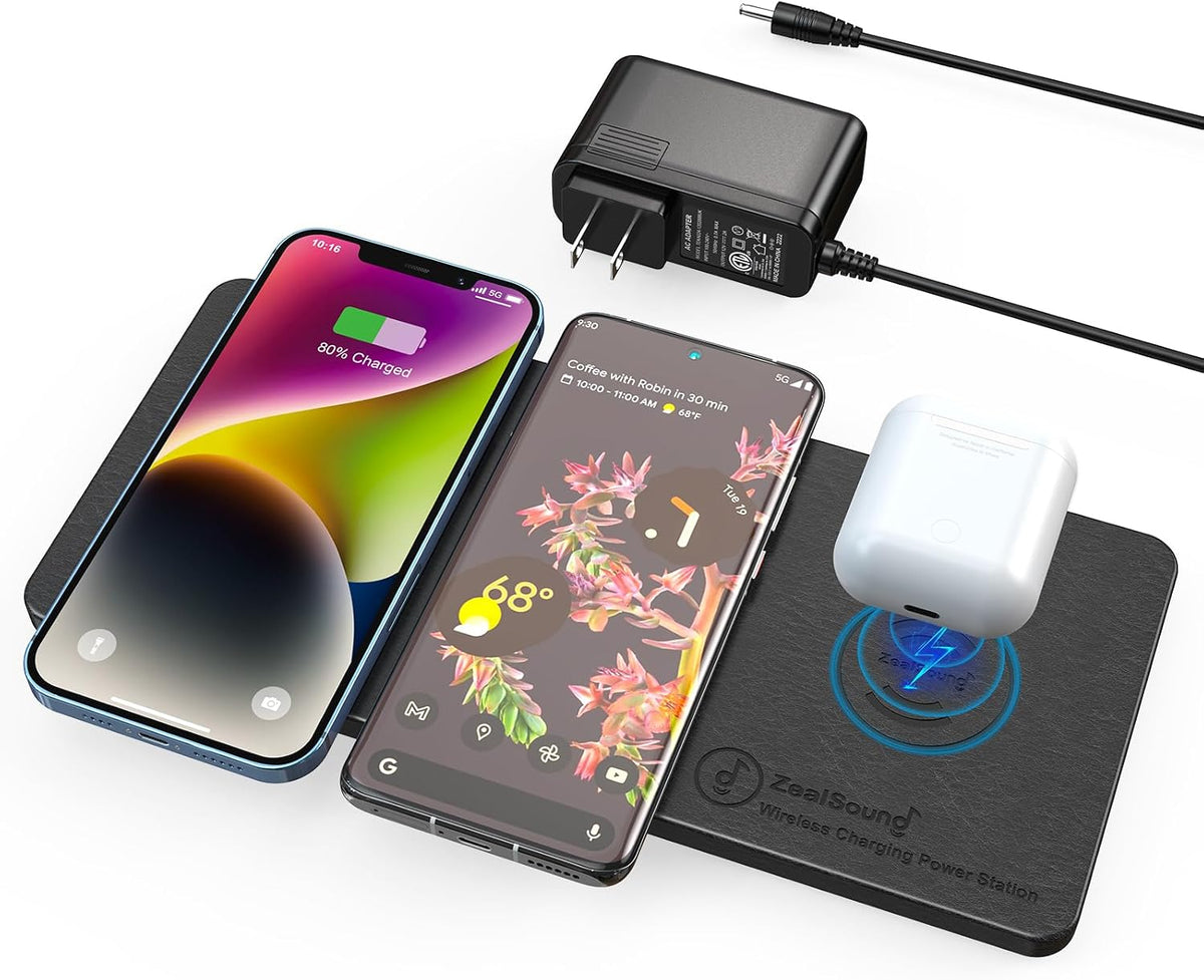 Base de carga inalámbrica ZealSound, alfombrilla de carga 3 en 1 para iPhone, Samsung Galaxy, Pixel, AirPods y Galaxy Buds, adaptador de 24 W incluido, ultradelgada, compatible con fundas, de cuero sintético, para el hogar, la oficina y los viajes.