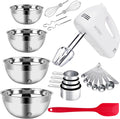 Batidora eléctrica de mano WEPSEN de 5 velocidades, juego de 4 tazones grandes para mezclar, batidora de mano con varillas, tazones apilables de metal de acero inoxidable, tazas medidoras, cucharas, batidora de cocina para pasteles y suministros de