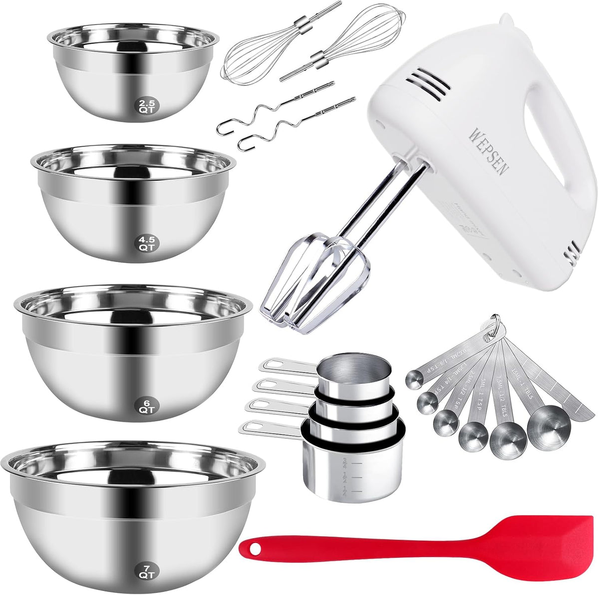 Batidora eléctrica de mano WEPSEN de 5 velocidades, juego de 4 tazones grandes para mezclar, batidora de mano con varillas, tazones apilables de metal de acero inoxidable, tazas medidoras, cucharas, batidora de cocina para pasteles y suministros de