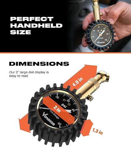 Manómetro de Presión Vondior 0-100 PSI – Certificado ANSI B40.1, Esfera Grande 5 cm para Carros y Camiones