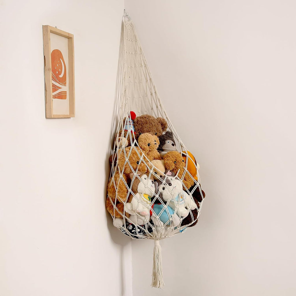 Hamaca de peluche Amdermi Novel, red colgante de esquina para guardar peluches, expositor de juguetes de macramé, soporte para juguetes de peluche, perfecto para paredes de espacios pequeños (crema).