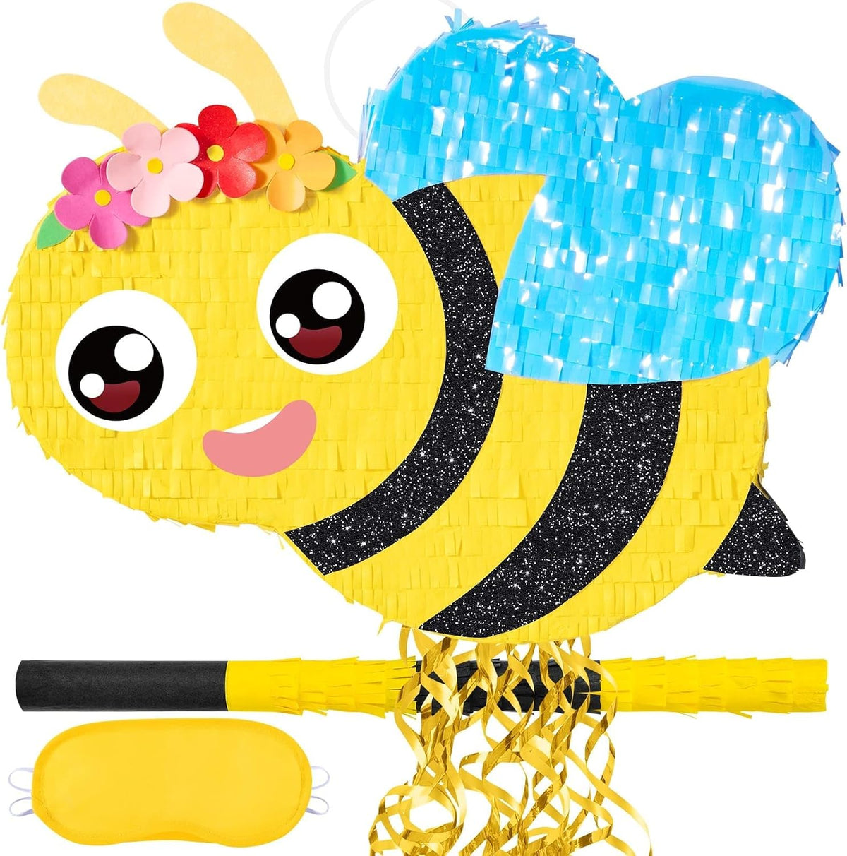 WERNNSAI Piñata de Abeja - Decoraciones para el primer día de las abejas. Linda piñata con venda para los ojos y bate para fiestas de cumpleaños infantiles, fiestas en el aula o en el jardín. Artículos para juegos