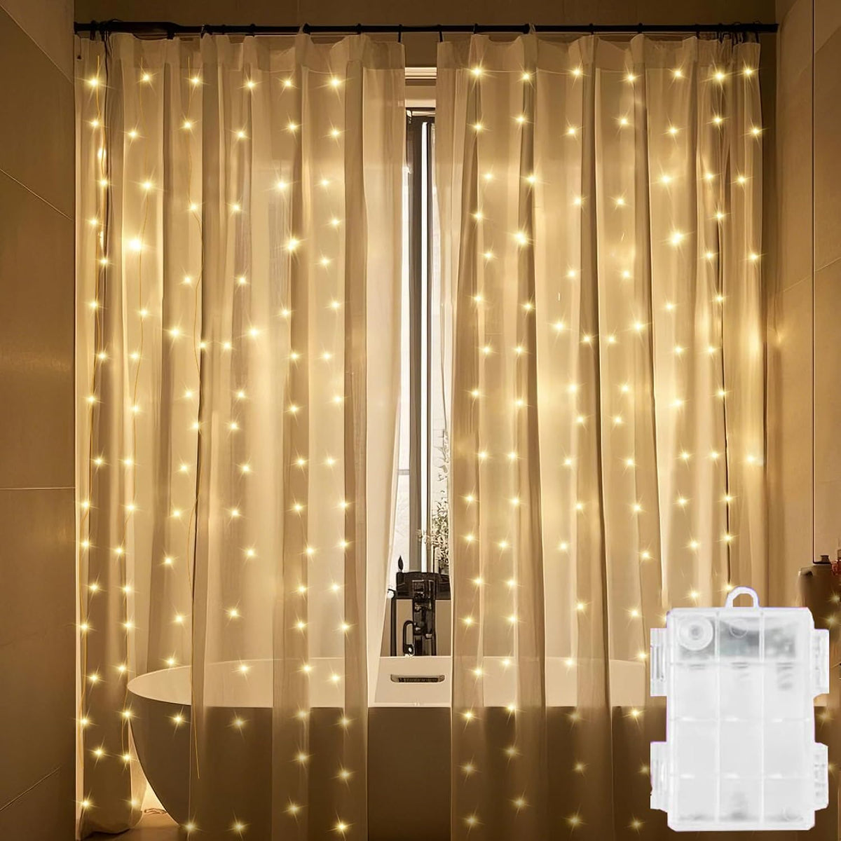 Cortina de luz para ducha Solhice, 72 x 72 pulgadas, funciona con pilas, resistente al agua, luces de hadas con 10 ganchos para ducha interior, 180 LED, iluminación para decoración interior y exterior (sin cortina).