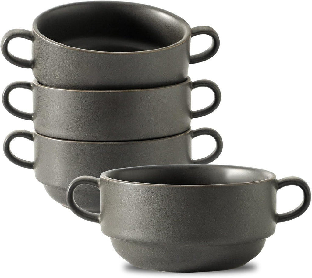 Tikooere Soup Bowls, 22 oz French Onion Soup Bowls with Handles, Stackable Ceramic Bowls Set of 4, Dinner Bowls for Chili, Beef Stew, Soup, Cereal, Oven Microwave Dishwasher Safe, Matte Black