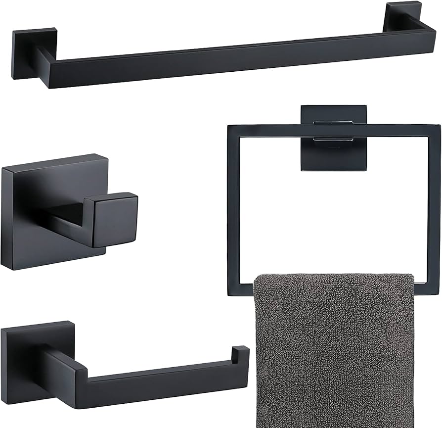 TURS Juego de 4 accesorios de baño de color negro mate de 16 pulgadas, montaje en pared, acero inoxidable de alta calidad.