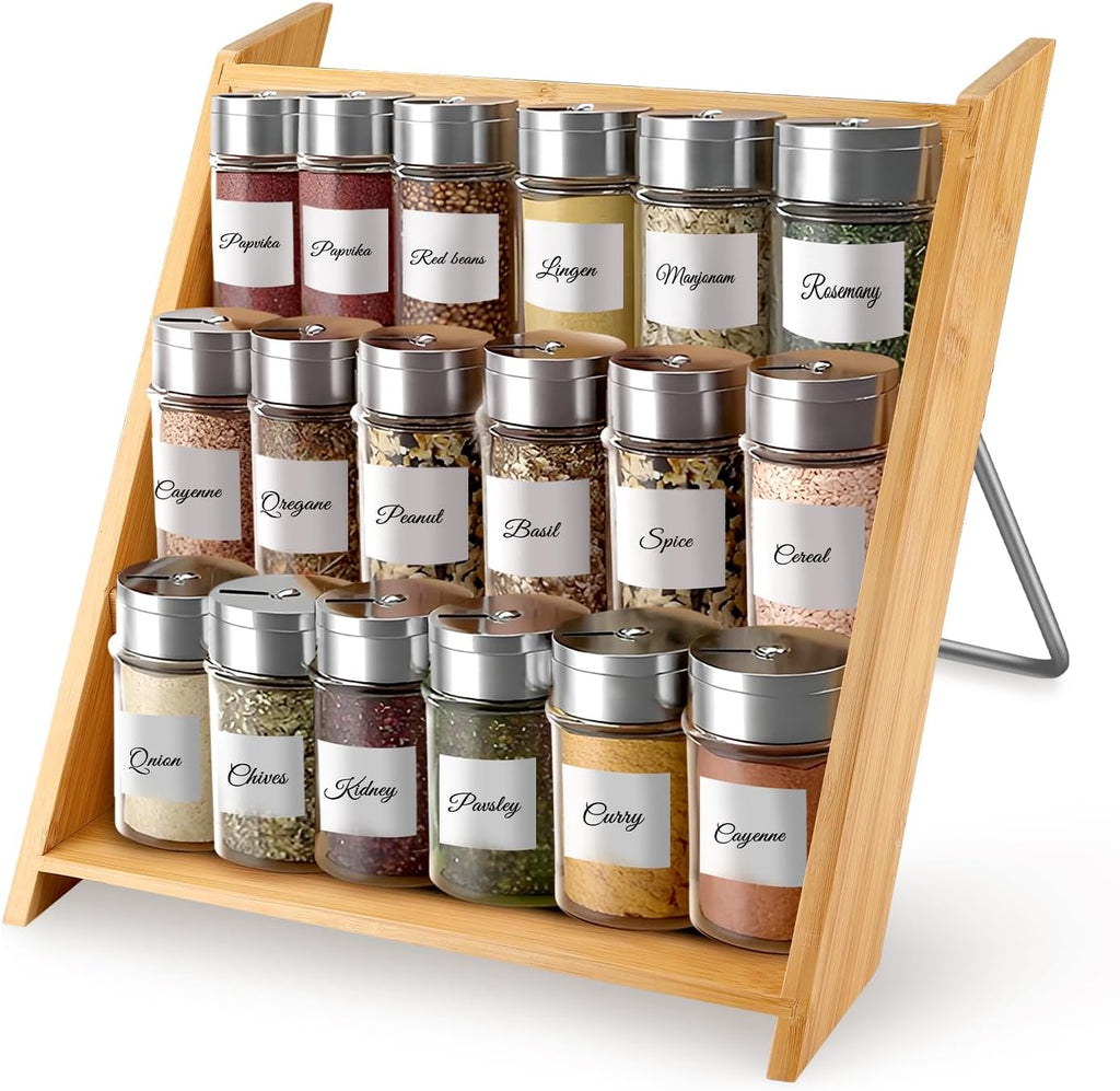 TEESSFROOD 18 Jar Bamboo Spice and Seasoning Organizer Rack for Countertop and Kitchen Drawer Cabinet, Not with Spice Jars