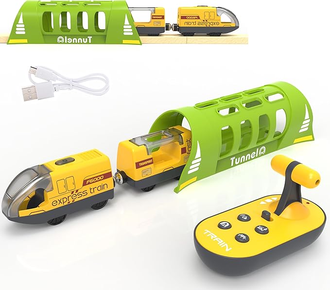 Tren a pilas para pista de madera, juego de tren eléctrico que incluye locomotora de control remoto y túnel de tren, juguete de tren motorizado para niños pequeños