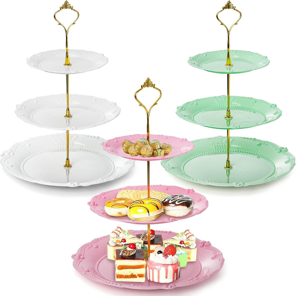 Fasmov 3 Torres para Cupcakes de 3 Niveles | Soporte de Plastico para Postres, Frutas y Dulces | Reutilizable para Bodas, Cumpleanos y Fiestas Blanco Rosa Verde