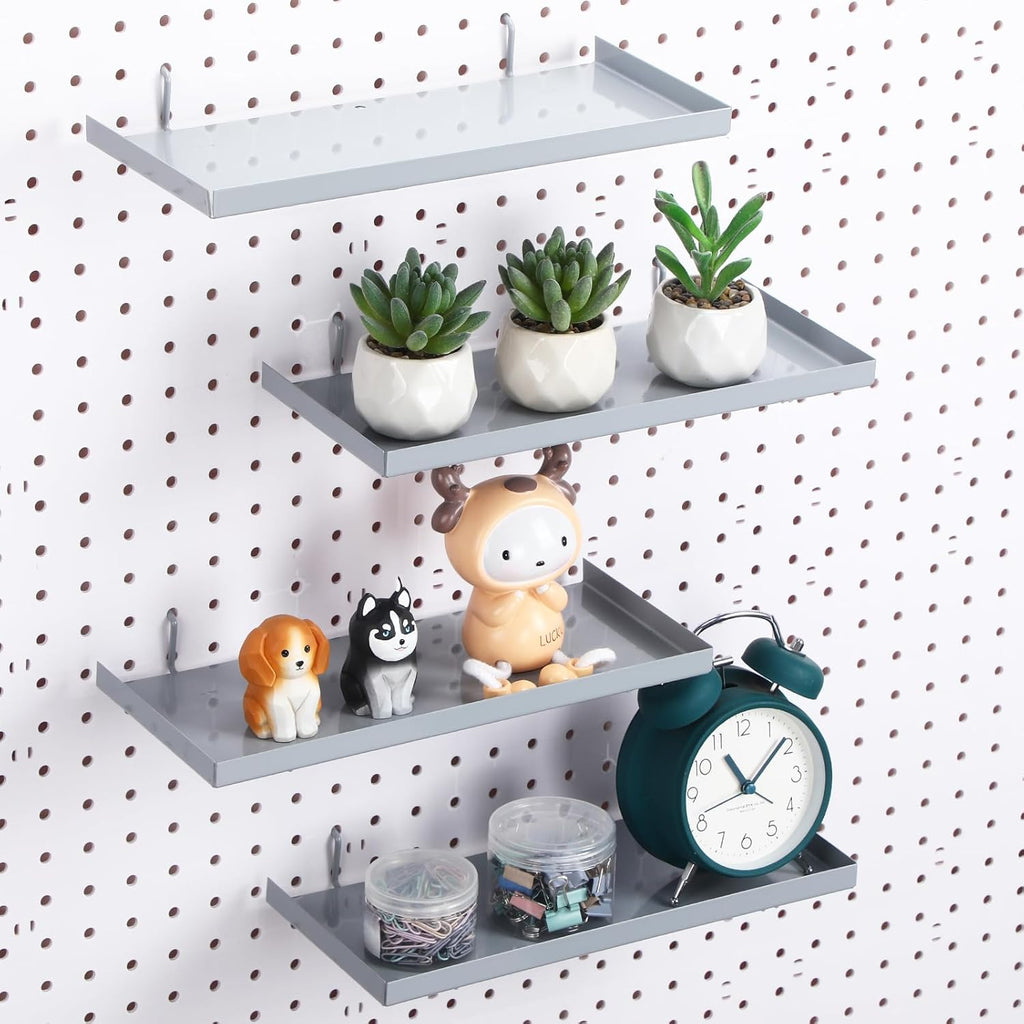 4 estantes de tablero perforado, 30 x 12 cm, soportes de metal para estantes, bandeja de tablero perforado, accesorios, organizador de pared para sala de manualidades, garaje, guardería, banco de trabajo, cocina (gris) 