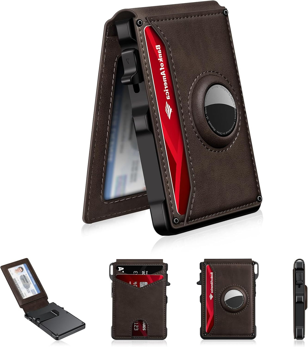 Cartera Airtag para hombre, cartera inteligente para hombre con bloqueo RFID Air Tag, tarjetero minimalista plegable de aluminio con ventana para identificación (12+ tarjetas), regalo para hombre, Airtag no incluido, color marrón café.