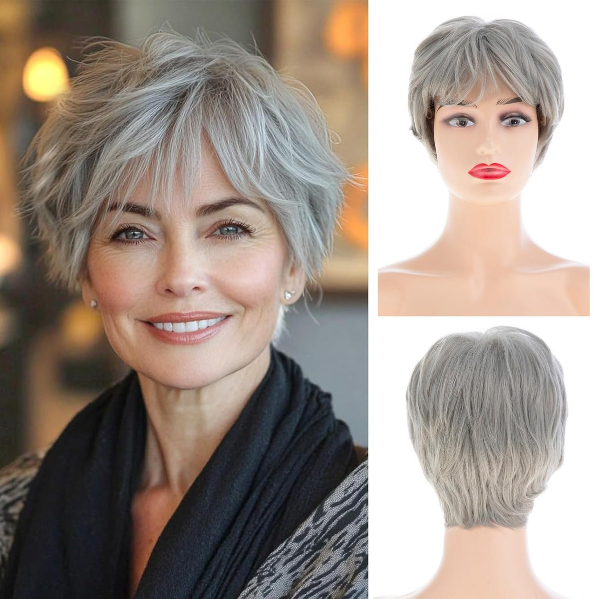 Peluca corta gris estilo pixie con flequillo de RicHyun para mujer, de aspecto natural, de cabello sintético, ideal para cosplay y uso diario.