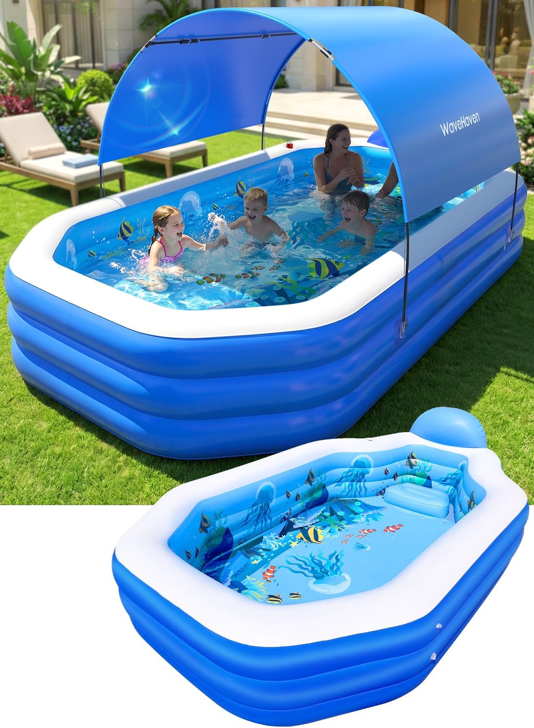 Piscina inflable 2026 con toldo, piscina inflable grande para niños y adultos, piscinas inflables con asientos, piscinas inflables extragrandes y gruesas de 118"x75"x22", piscina infantil para el patio trasero, temática oceánica - Azul