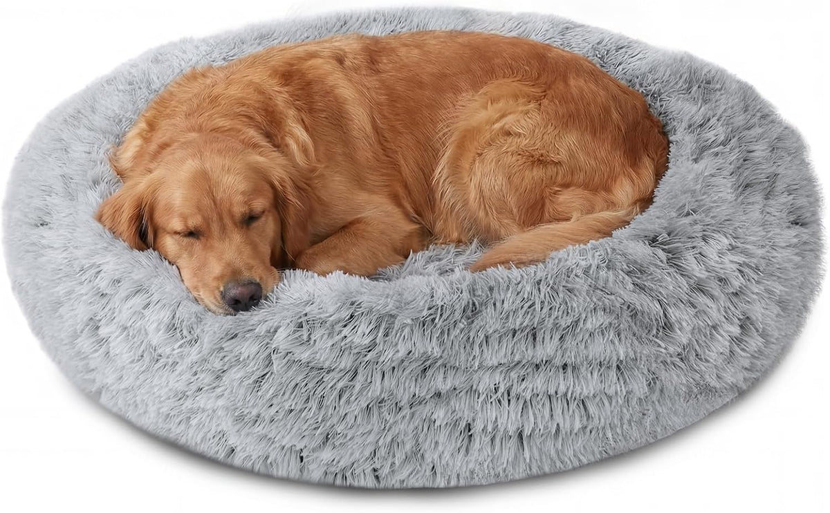 Cama relajante para perros JOLLYVOGUE, tamaño mediano, 79 cm (31 pulgadas), lavable, con forma de donut, antideslizante y antiestrés, de suave piel sintética, redonda, apta para mascotas de hasta 20 kg (45 libras) (gris humo).