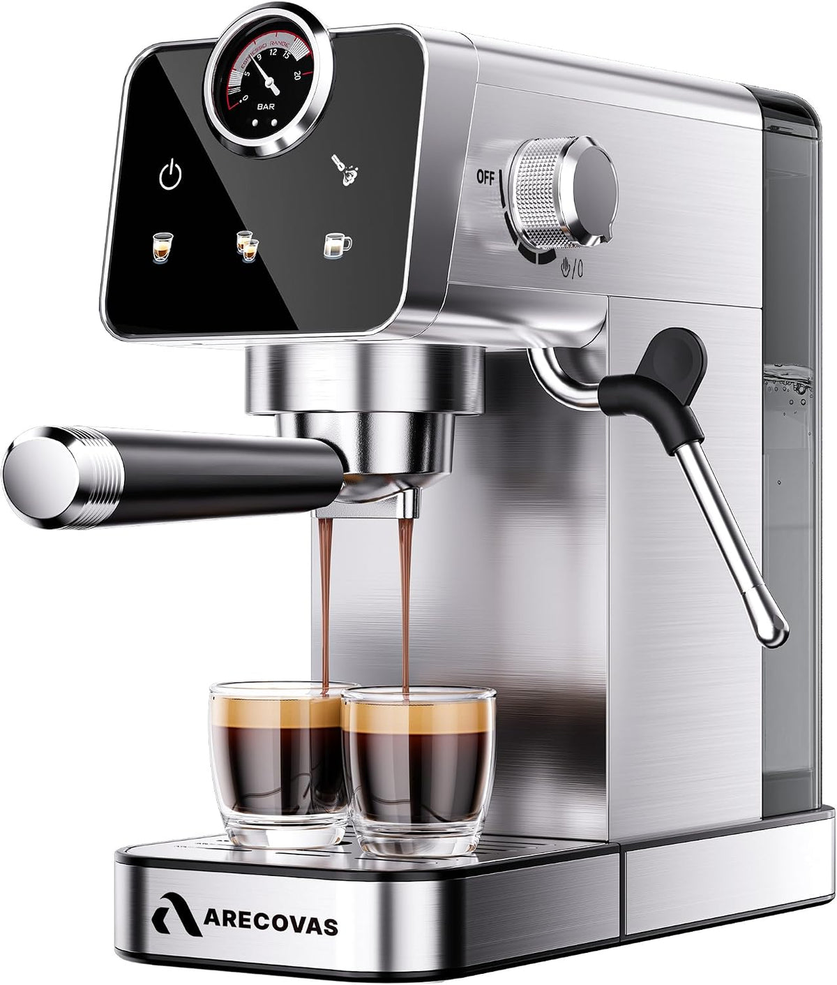 Máquina de Espresso Arecovas con Espumador de Leche | 20 Bar Compacta | Pantalla Táctil | Tanque de 41oz | Acero Inoxidable para Uso en Casa