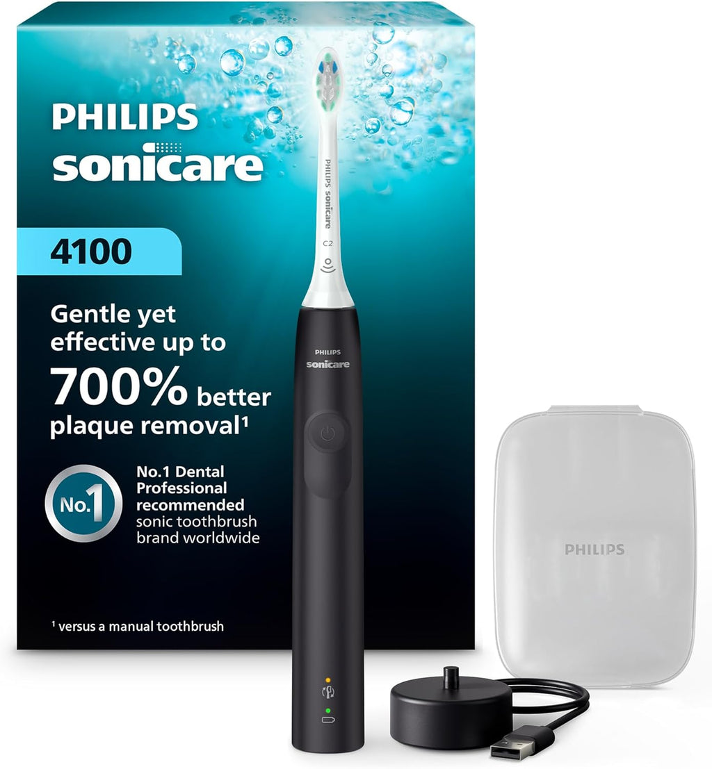 Cepillo de dientes eléctrico recargable Philips Sonicare 4100, eliminación avanzada de placa, sensor de presión, incluye estuche para cabezal, negro BD5003AZ 