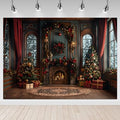 Mocsicka Fondo de ventana de Navidad rojo de 7 x 5 pies para fotografía, árboles de Navidad negros y chimenea, escena de nieve, decoración de fiesta familiar de Navidad, fondo de fotografía
