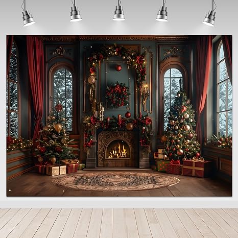 Mocsicka Fondo de ventana de Navidad rojo de 7 x 5 pies para fotografía, árboles de Navidad negros y chimenea, escena de nieve, decoración de fiesta familiar de Navidad, fondo de fotografía