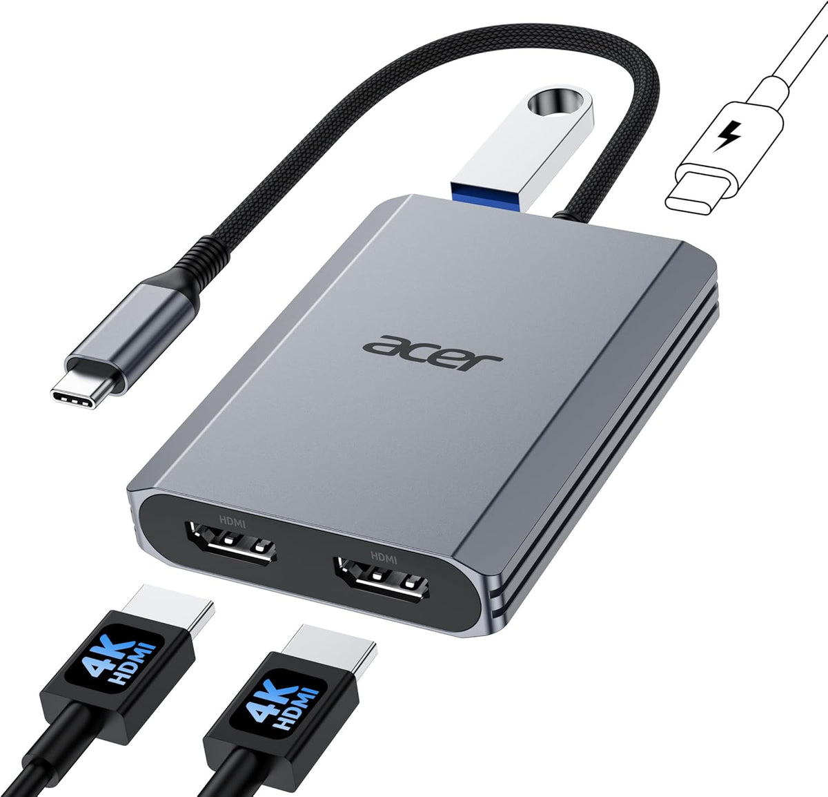 Hub USB C 4 en 1 de Acer, adaptador de tipo C a doble HDMI 4K a 60 Hz, divisor HDMI para monitores duales con puerto PD de 100 W, USB 3.0, adaptador para monitor dual compatible con Acer, XPS, HP, MacBook Neo/Air/Pro (0,65 pies)
