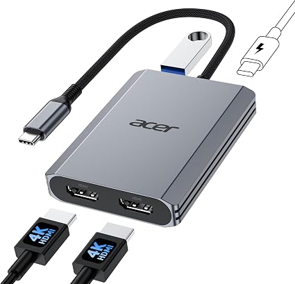 Acer Hub USB C 4 en 1, adaptador tipo C a HDMI dual 4K a 60Hz, divisor HDMI para monitores duales con puerto PD de 100 W, USB 3.0, adaptador de monitor dual para dispositivos USB C con modo Alt DP