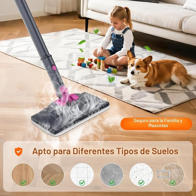 Limpiador a Vapor 10 en 1 con Mopa y Vaporizador Manual Desmontable – Tanque 320ml, Calentamiento Rápido