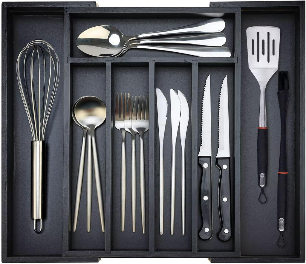 Organizador de cajones de cubiertos de cocina grande y expandible, bandeja de bambú para utensilios, bandeja ajustable para cubiertos, organizador de cubiertos de madera negra, divisor, soporte para utensilios de cocina, organizador de cajones para