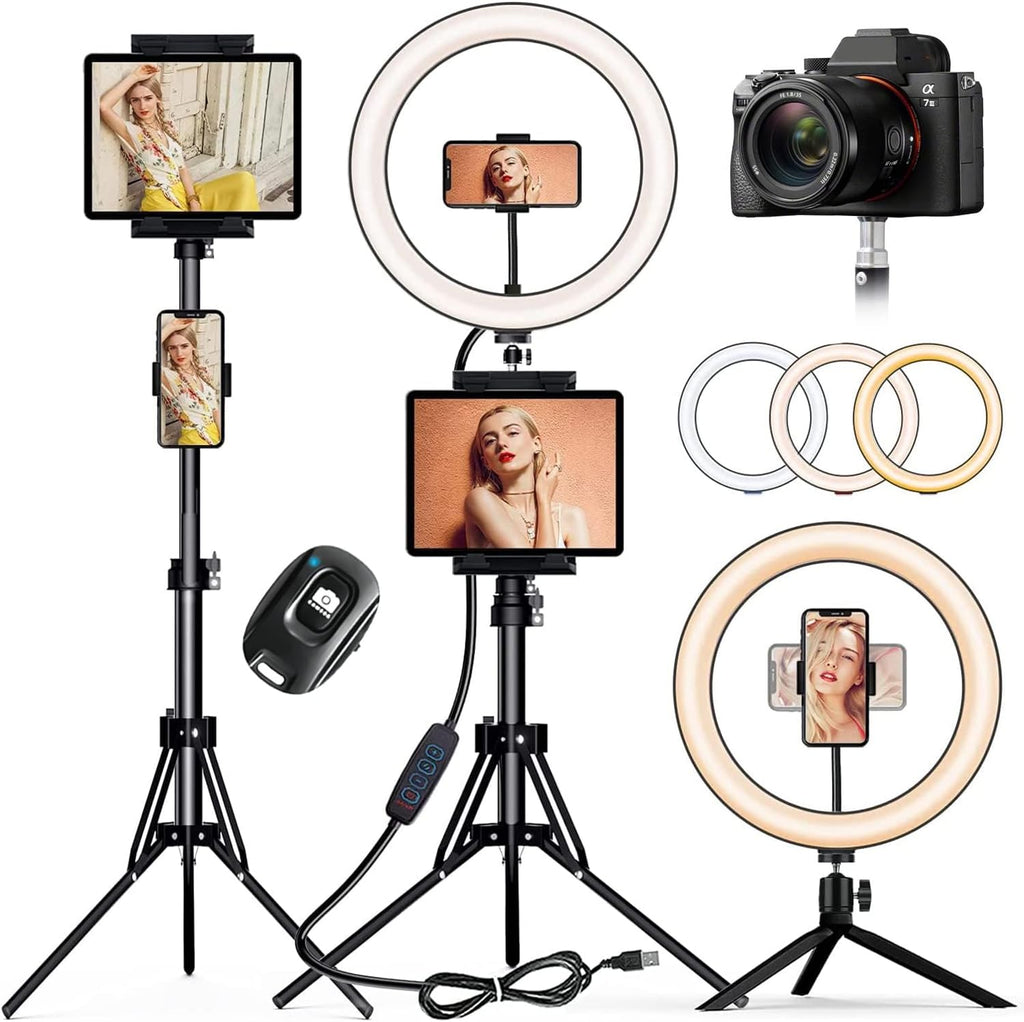 Anillo de luz para selfies de 30 cm con trípode, trípode de escritorio pequeño de 183 cm de alto, trípode de luz PEYOU con 4 soportes para teléfono y tableta, y obturador para YouTube, maquillaje, TikTok y fotografía. Compatible con iPhone y iPad. 