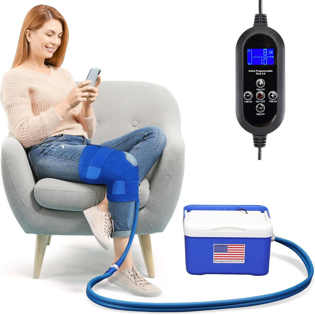Sistema de terapia de frío con temporizador programable, máquina de hielo para la recuperación de rodillas tras cirugía, portátil, rodillera ajustable, bomba silenciosa, ideal para lesiones deportivas y dolor de rodilla. 