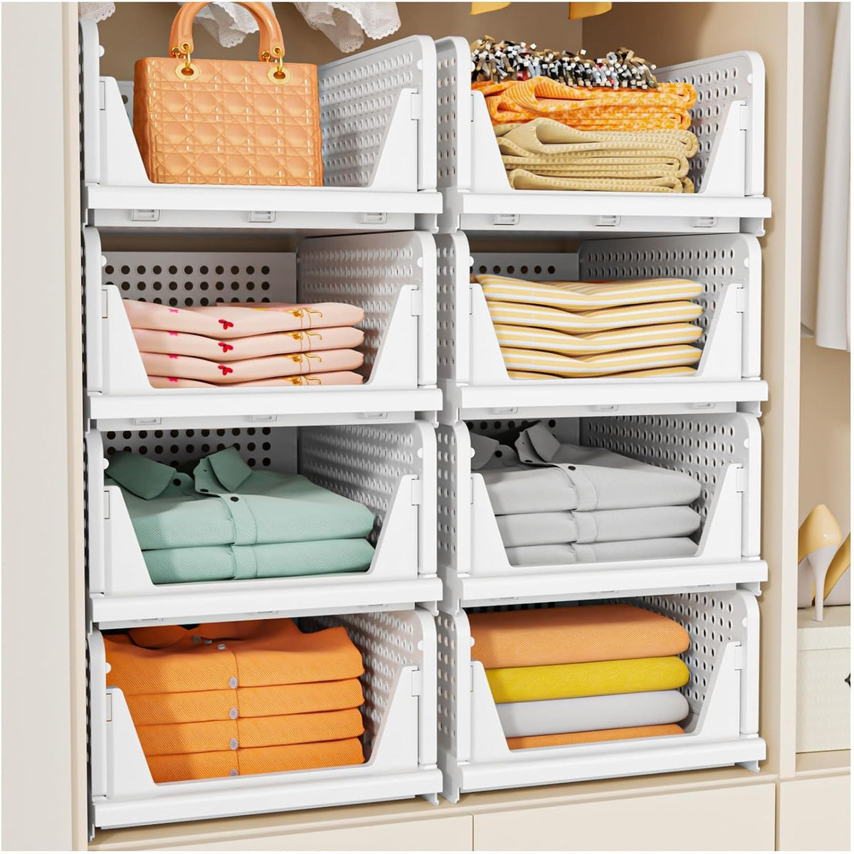 SNSLXH Paquete de 5 cestas apilables para armario, organizador multifuncional y plegable para baño, cocina, lavadero y armario, organizador de cajones para ropa que ahorra espacio, color blanco.