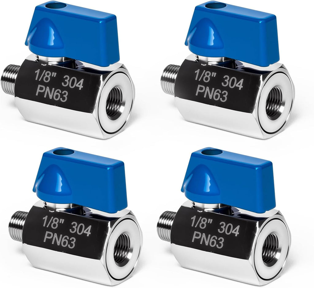 Paquete de 4 Válvulas de Bola Mini 3/8" | Acero Inoxidable 304, Rosca NPT Hembra x Macho, para Espacios Compactos