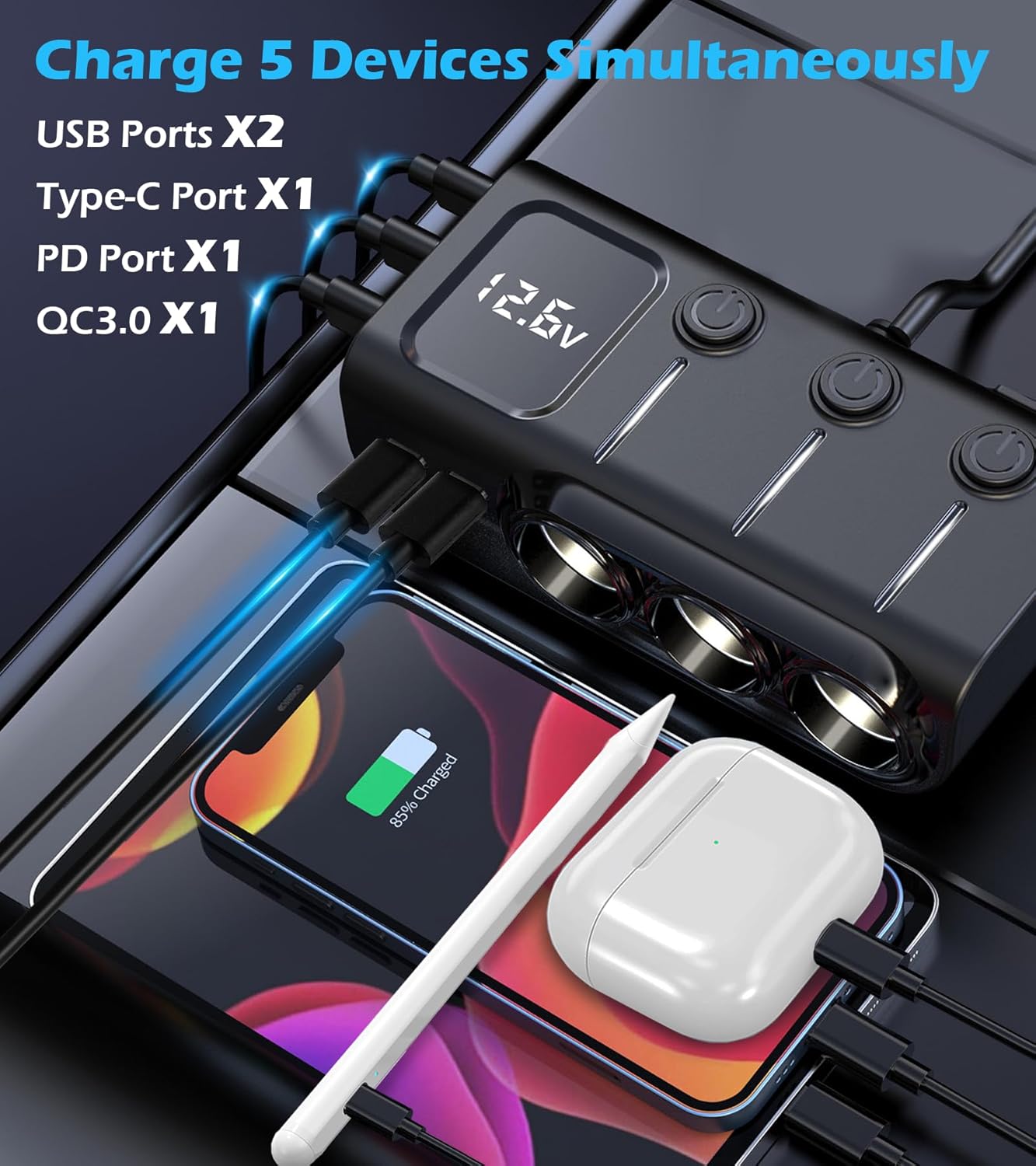 LIHAN Divisor de encendedor de cigarrillos para automóvil, adaptador de 3 enchufes de 8 en 1,120 W y 5 USB con interruptor de alimentación maestro, evita el drenaje de la batería, carga rápida USB-C PD36W, cable de 3.3 pies y medidor LED