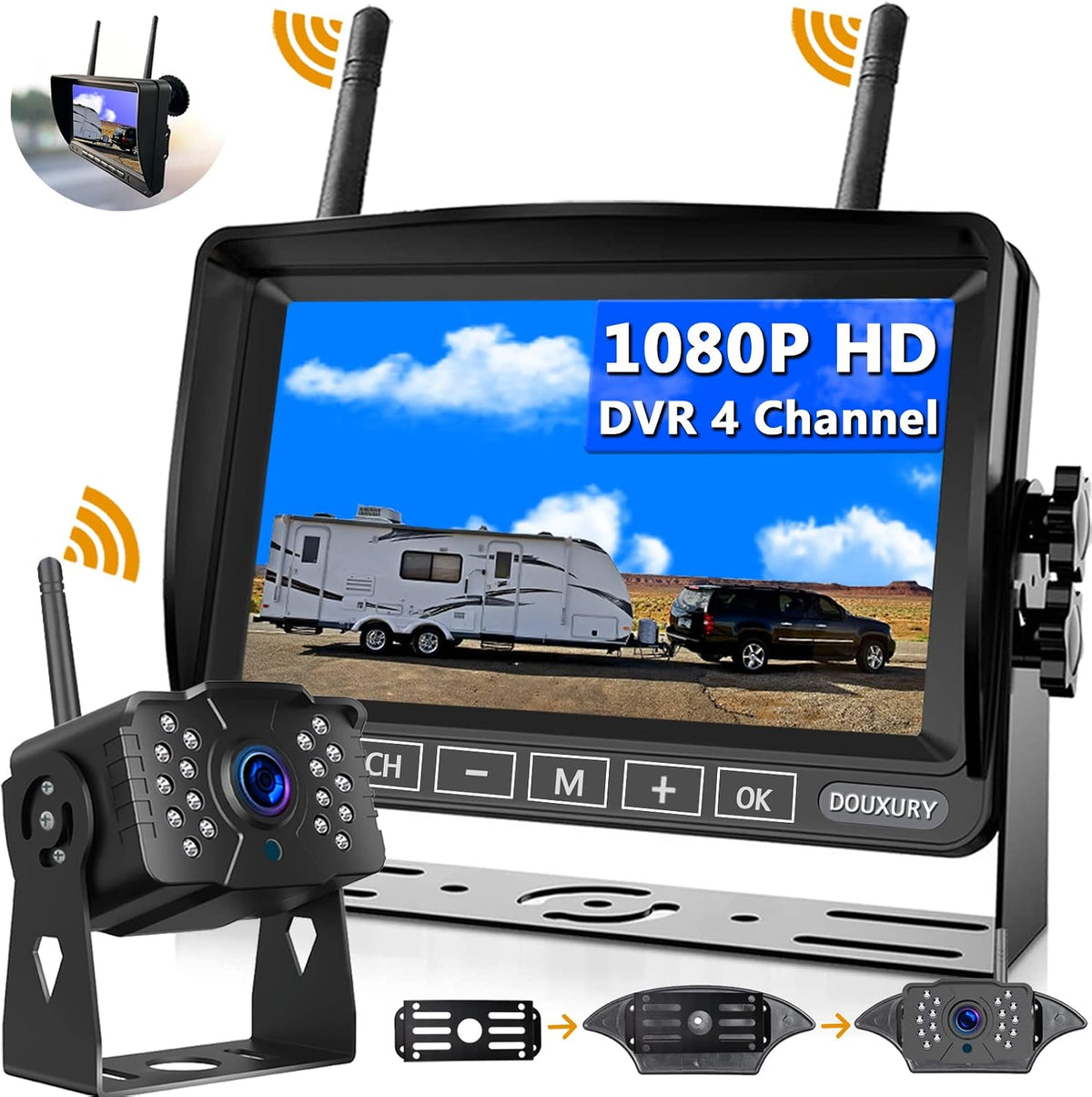Cámara de visión trasera inalámbrica para autocaravanas DOUXURY IP69 resistente al agua, ángulo de visión amplio de 170°, cámara de visión trasera HD 1080P + monitor LCD HD de 7", sistema de cámara inalámbrica digital para autocaravanas, camiones