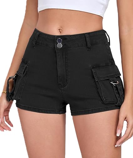 Shorts vaqueros cargo para mujer, estilo casual, de cintura media, elásticos, sexys, con bolsillos, estilo Y2K.