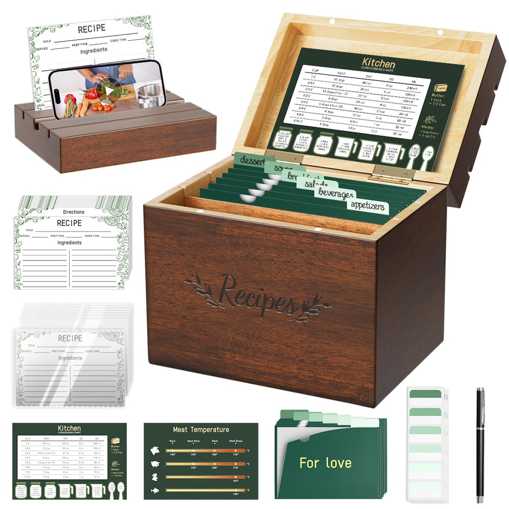 Caja Organizadora de Recetas de Madera Vintage Pine – Set Completo con 100 Tarjetas 4x6