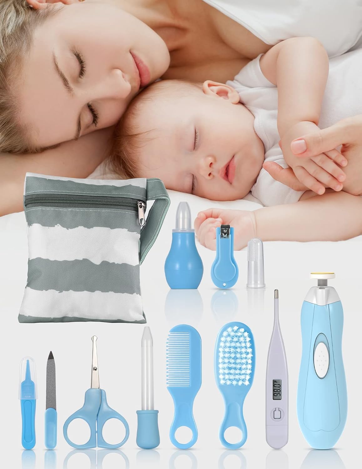 Kit de cuidado de la salud y aseo del bebé 18 en 1 Juego de recortadora de uñas eléctrica para bebés Lupantte Kit de cuidado de guardería, dispensador de medicamentos, peine para bebés