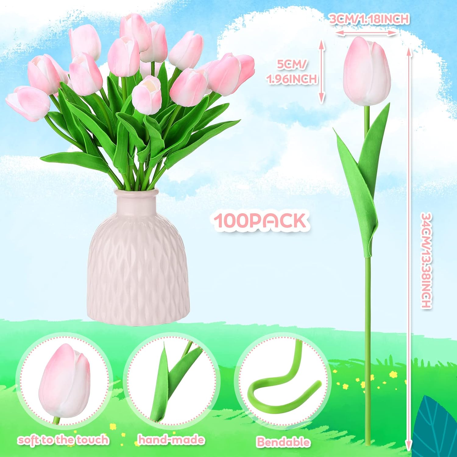 Jexine 100 tulipanes artificiales reales, ramo de flores artificiales a granel con tallo para centros de mesa, bodas, novia, Pascua, día de la madre, jardín, decoración del hogar, 13.4 pulgadas (rosa)