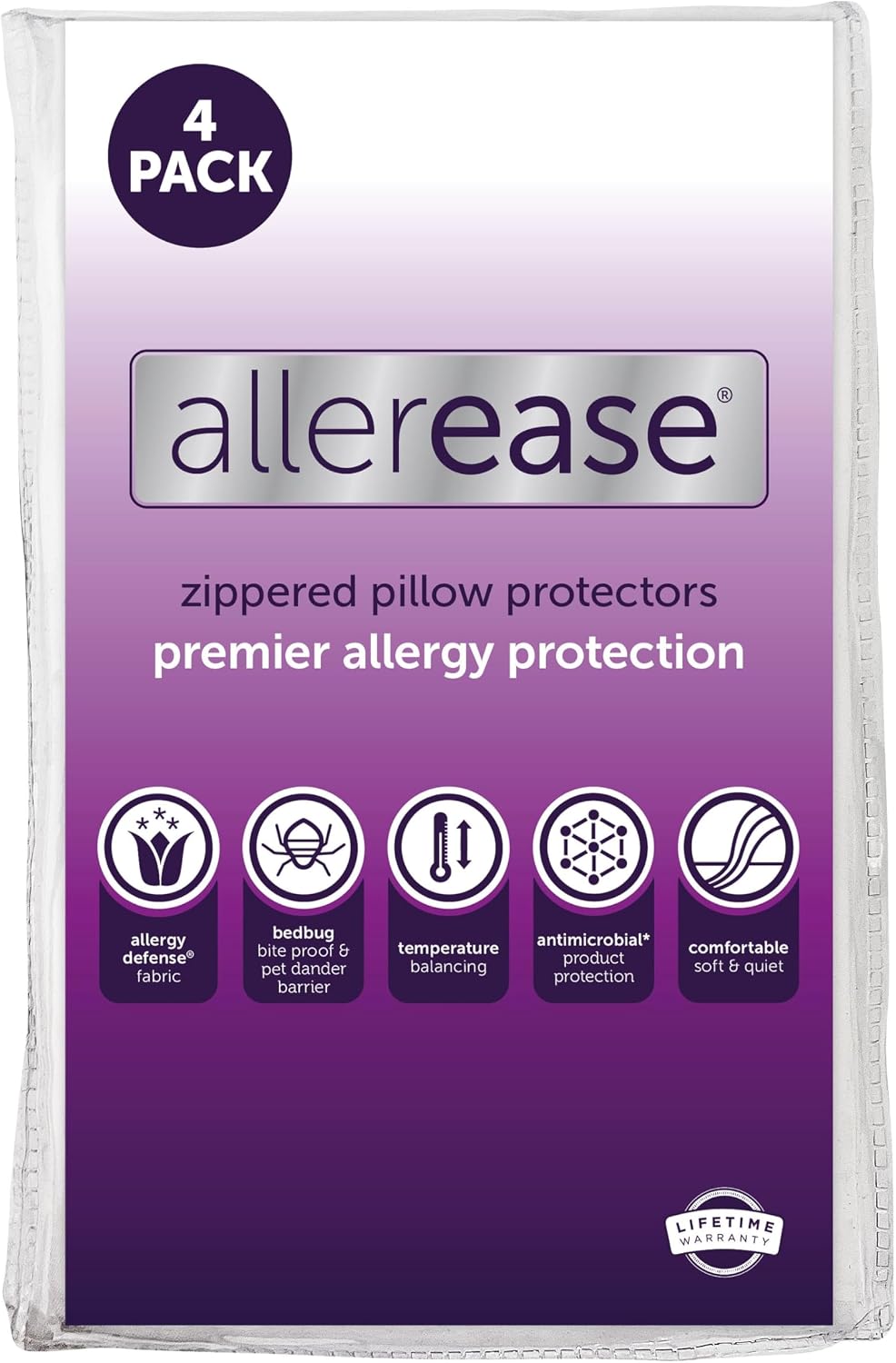 Juego de 4 protectores de almohada AllerEase tamaño estándar/queen: equilibran la temperatura, recomendados por alergólogos, transpirables y de primera calidad, con cremallera.