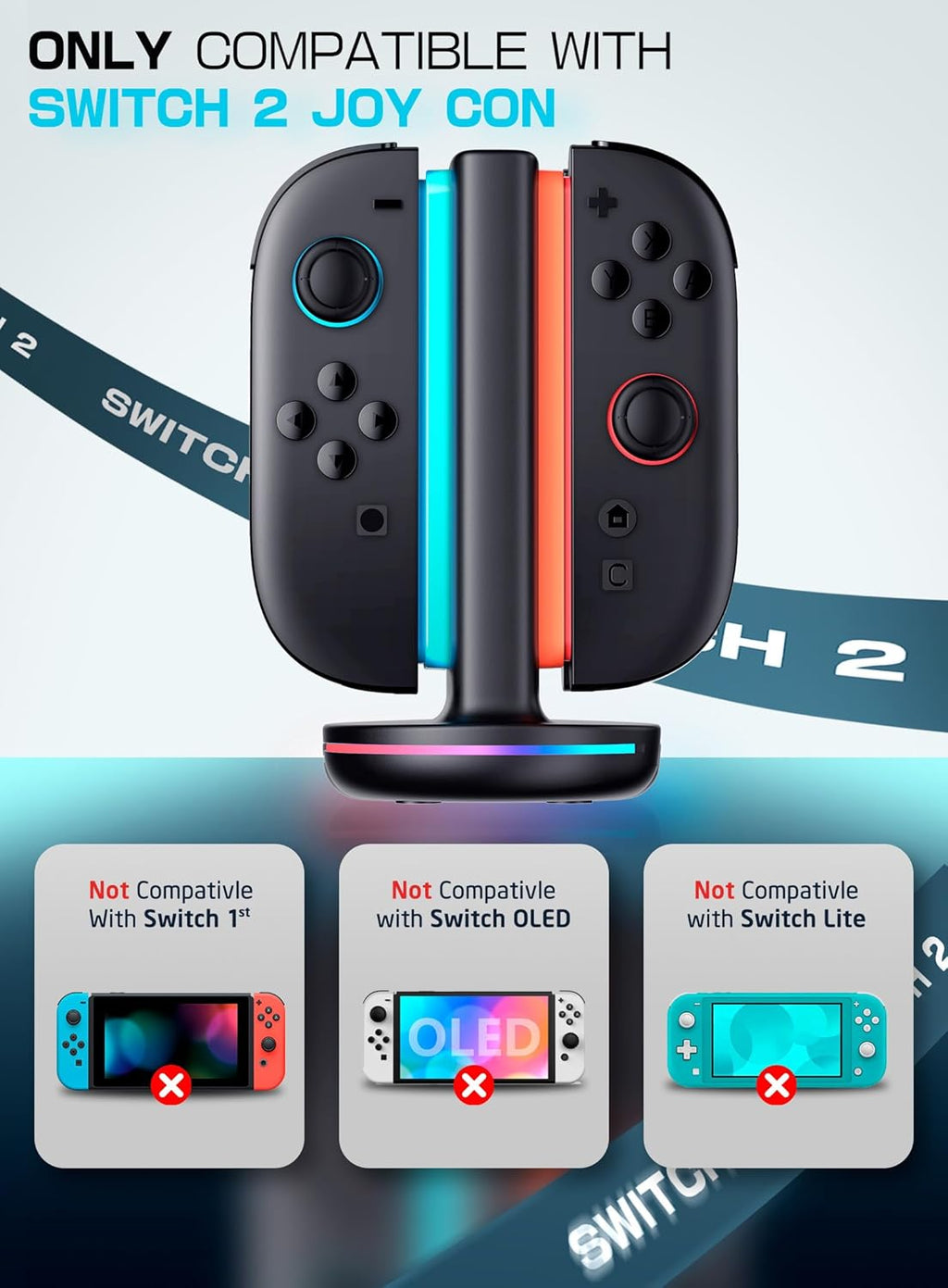 Base Cargadora SUPCASE para Joy Con Nintendo Switch 2 – Carga Doble, 9 Modos de Luz, Magnética | Negro