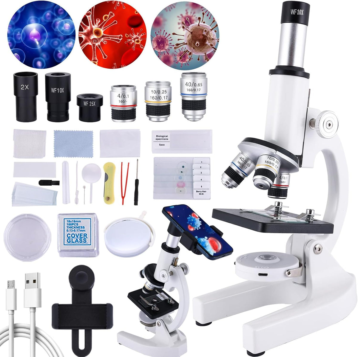 Microscopio Herwicm 40X-2500X | Pantalla HD 4" con Luz LED | Observable desde el Celular | Hogar y Escuela